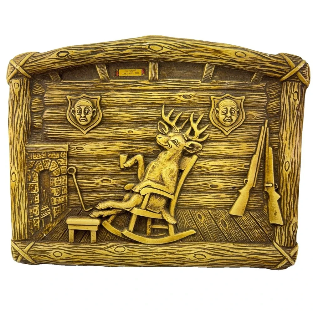 Vintage Deer Hunter Chalkware Wall Plaque Cabin Decor Rifle Hunting Lodge 10x13